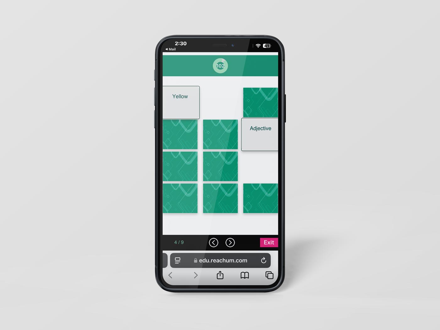 A phone showing the REACHUM Memory Matching game, with two cards turned face up and the rest still hidden